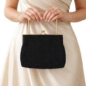 Vintage 70s Ruchere Black Beaded Gold Frame Evening Clutch Purse Top Handle